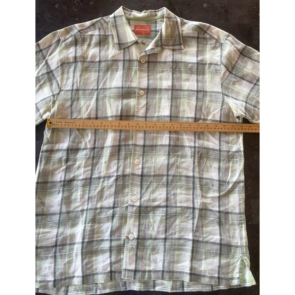 Tommy Bahama Men‎ L 100% Linen Plaid Short Sleeve Button Down Camp Shirt Green